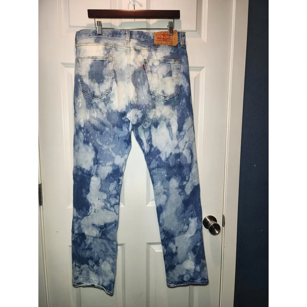Levis 501 93 Straight Leg Jeans Men's 34x32 Blue White Acid Wash Tie Dye Denim